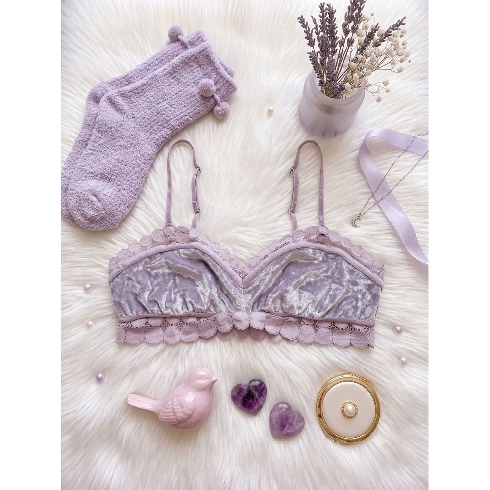 Aerie Lavender Purple Crushed Velvet Lace Trim‎ Bralette Small Wireless Bra